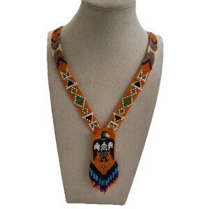 Vintage Blue Multicolored Native American Glass Seed Beadwork Necklace RARE